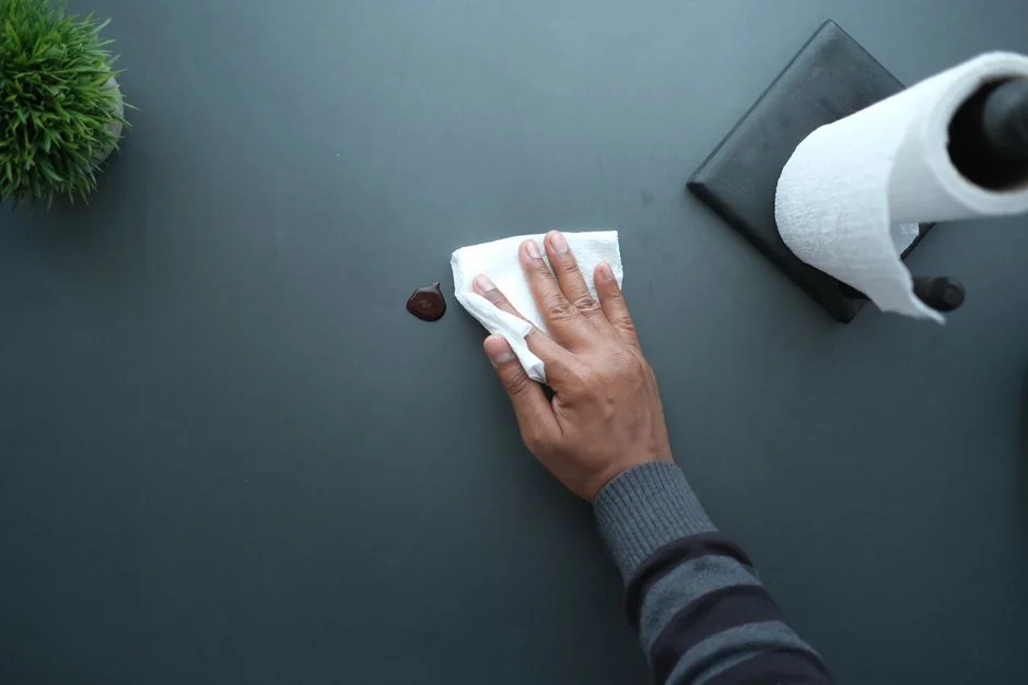 our-story Close-up of a person disinfecting a remote control wearing protective gloves, ensuring cleanliness.
